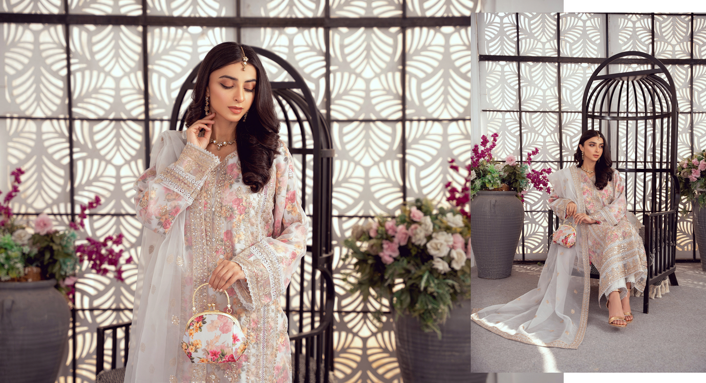 SERAPHINA ORGANZA FORMAL FESTIVE Stitched (White Gold) With Jewellery & Clutch